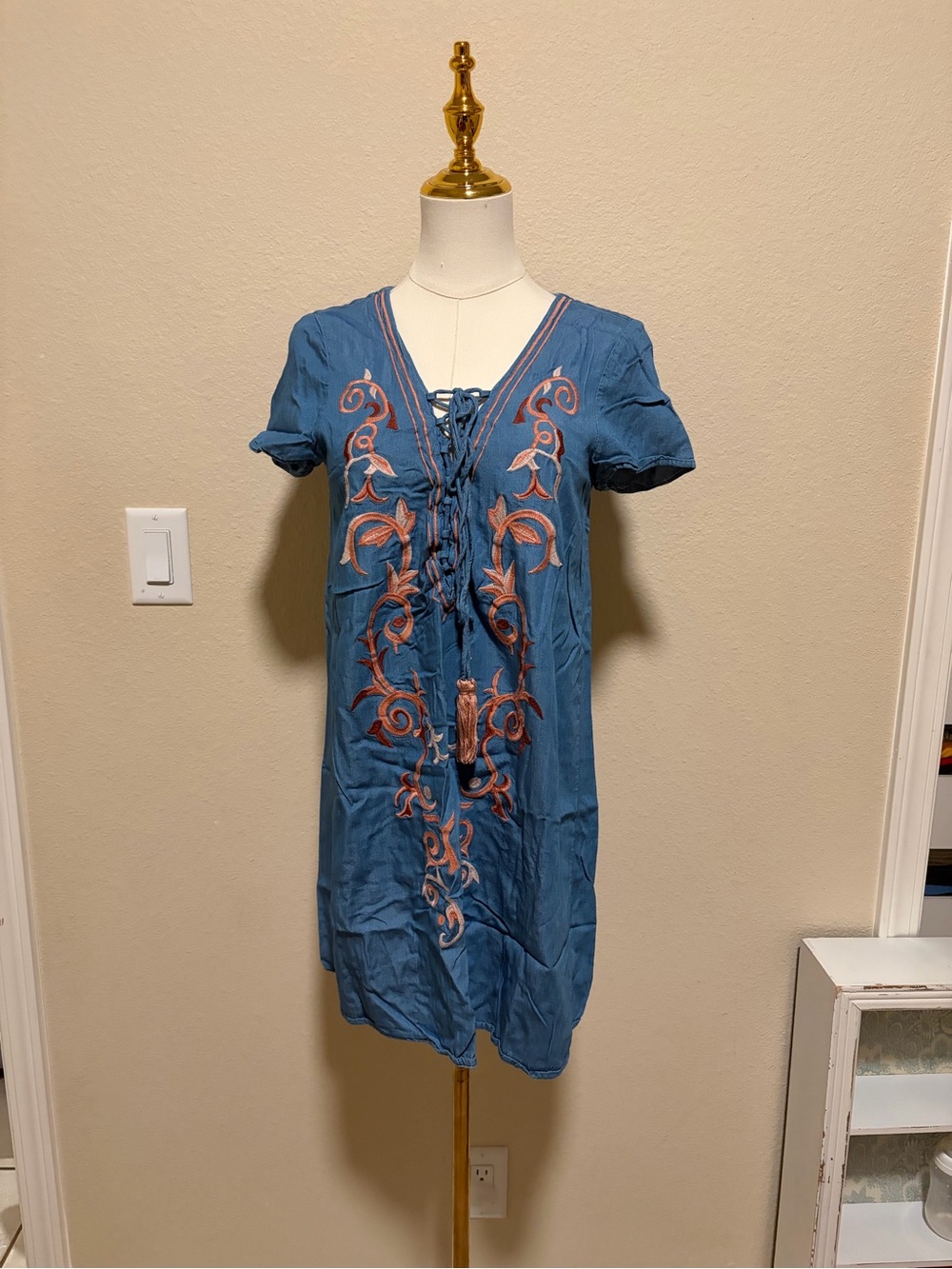 Lulu's Dusty Blue Embroidered Lace-Up Tunic with Rust Accents